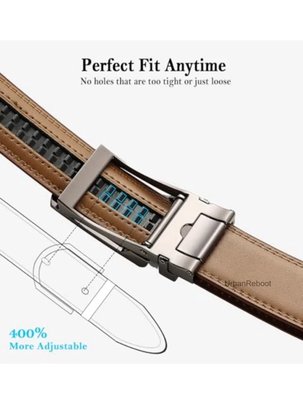 Mens Ratchet Belt Genuine Leather Slide Buckle Adjustable